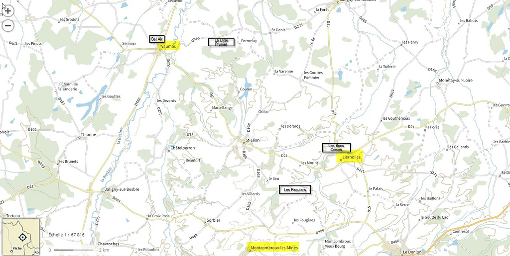 Carte géographique Est département de l'Allier montrant région où a vécu Aubin Mouillevois