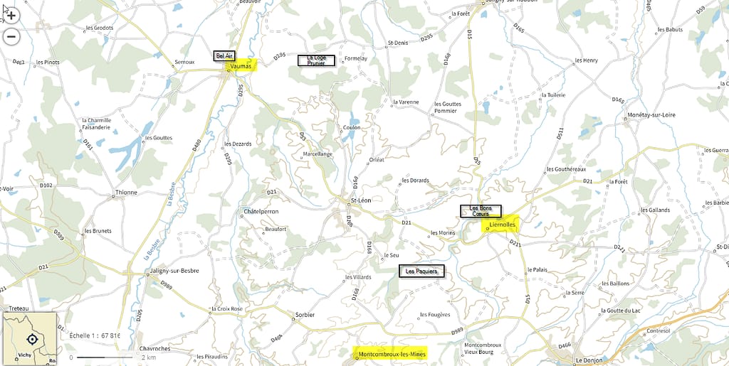 Carte géographique Est département de l'Allier montrant région où a vécu Aubin Mouillevois